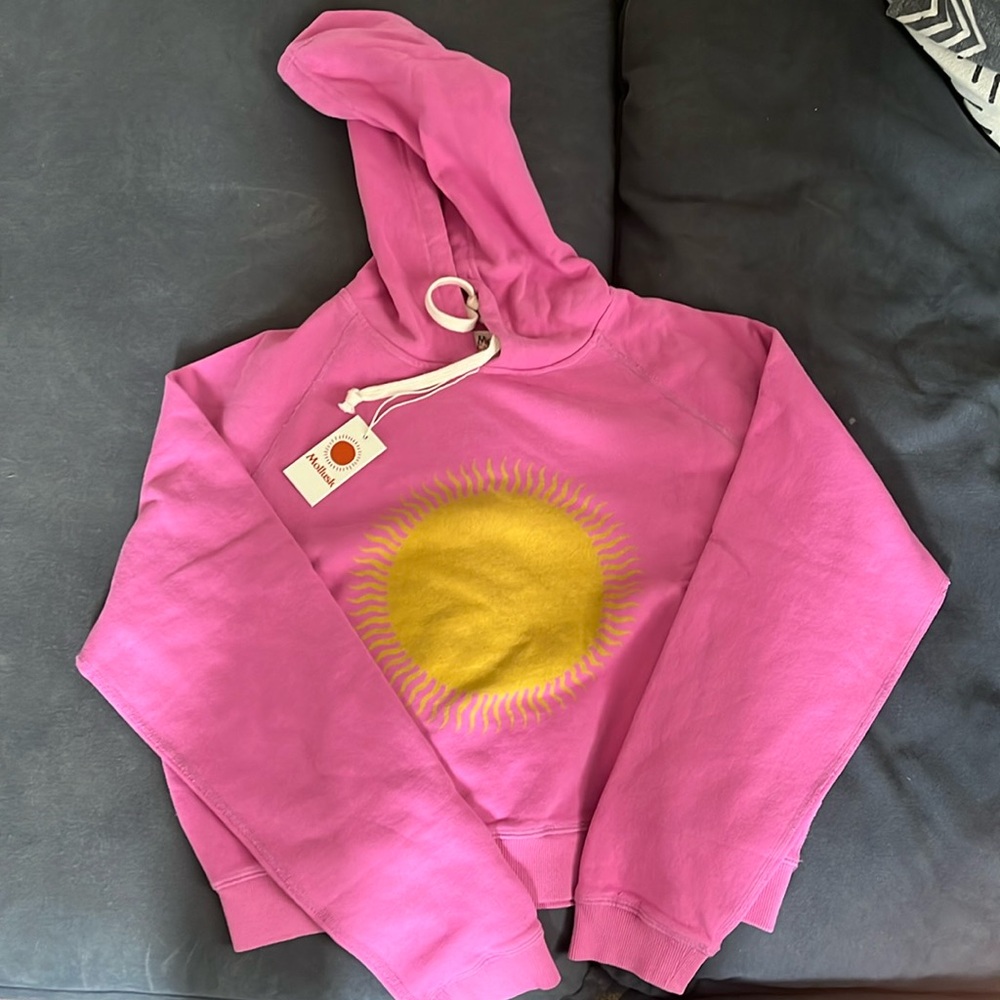 NWT Mollusk brand sweatshirt size S. Pink with yellow sun graphic.